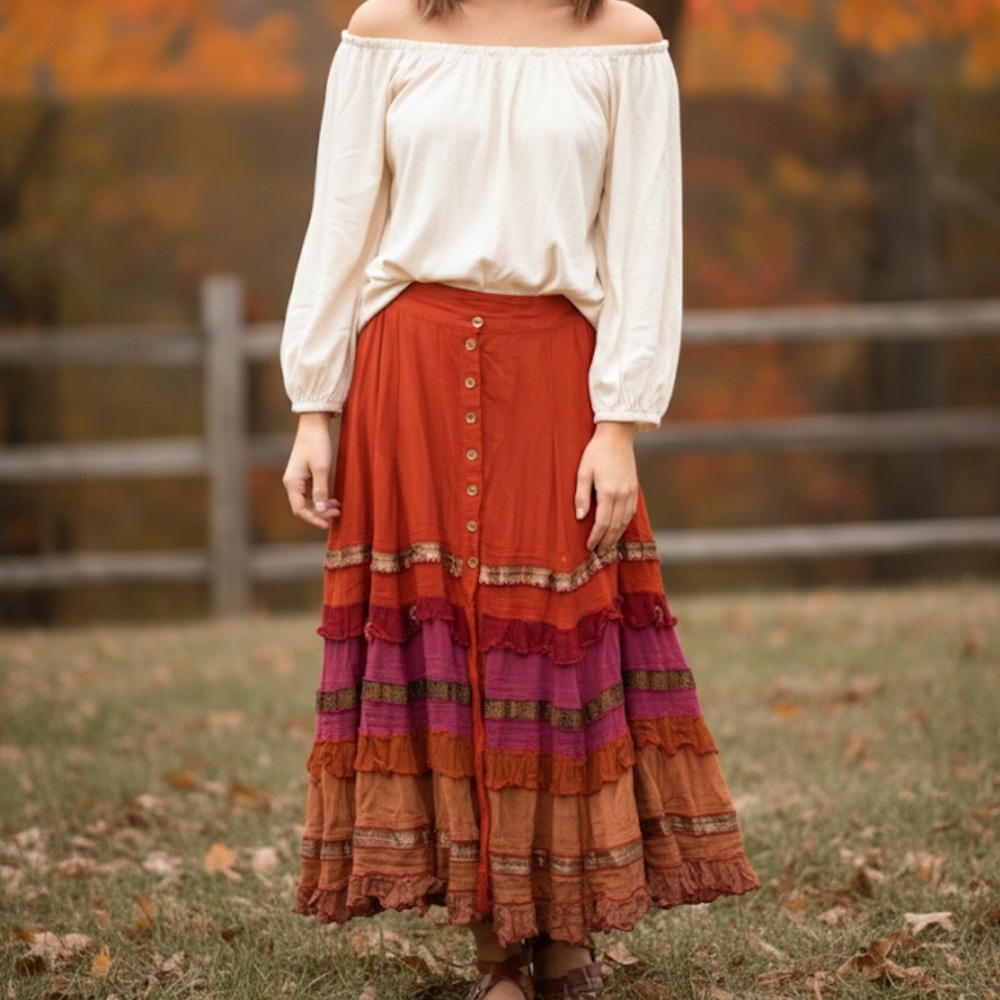 Paul Ropp Bohemian Red and Orange Button-Down Skirt‎ Size XS